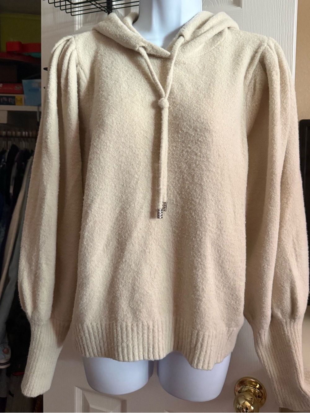 Express Puff-Shoulder Hooded Sweater